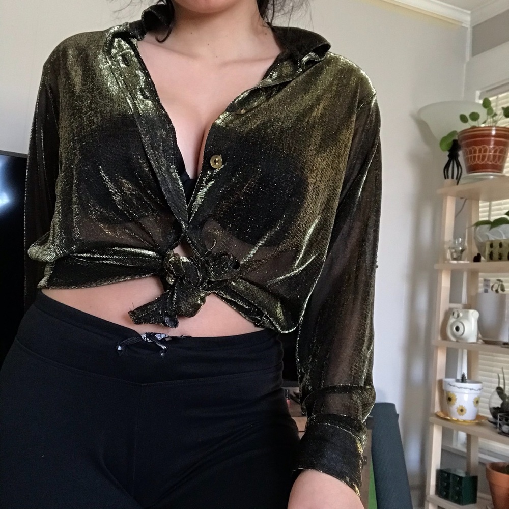 glittery sheer button up gold and black button up